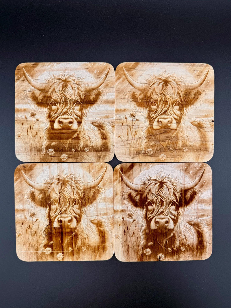 ersonalized Laser Engraved Highland Cow Coasters · Custom Name · Rustic Home Decor Gift Set