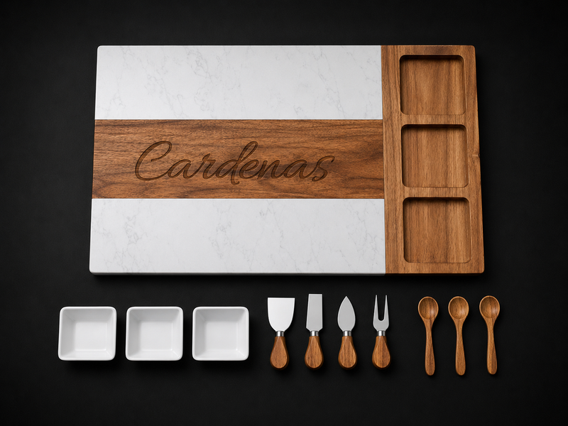 Personalized Marble & Acacia Charcuterie Board Set – Engraved Serving Board