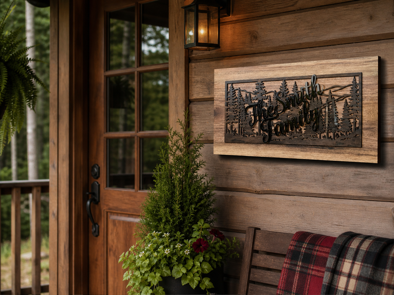 Custom Family Name Wood Sign – Layered Cabin Wall Decor with Gloss Acrylic Lettering