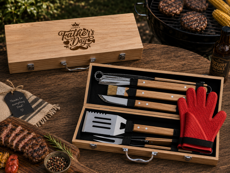 Personalized BBQ Grill Tool Set – Father’s Day Wooden Barbecue Gift Case
