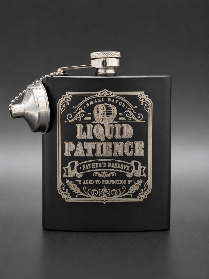 Father’s Day Whiskey Flask – Engraved “Liquid Patience” Hip Flask