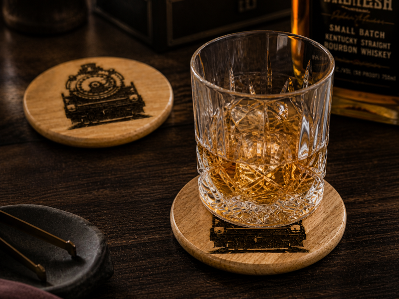 Engraved Steam Locomotive Coaster Set – Wooden Train Coasters (Set of 4)