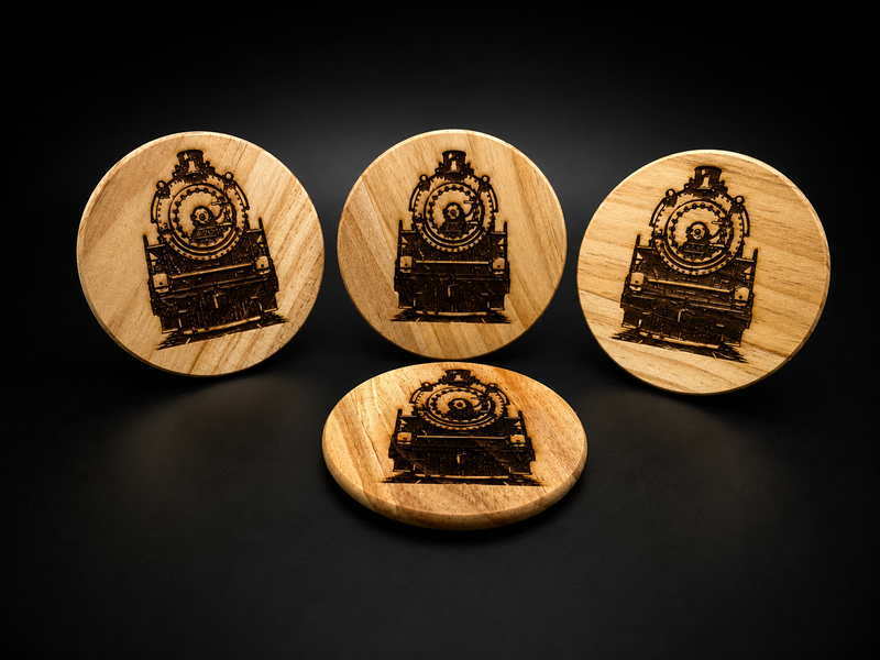 Four wooden coasters with engraved train designs on a black background