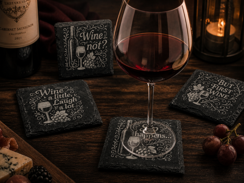 Funny Wine Coaster Set – Engraved Slate Drink Coasters (Set of 4)