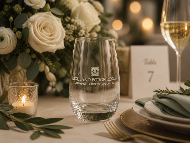 Personalized Laser Engraved Stemless Wine Glass · Custom Name Monogram ·