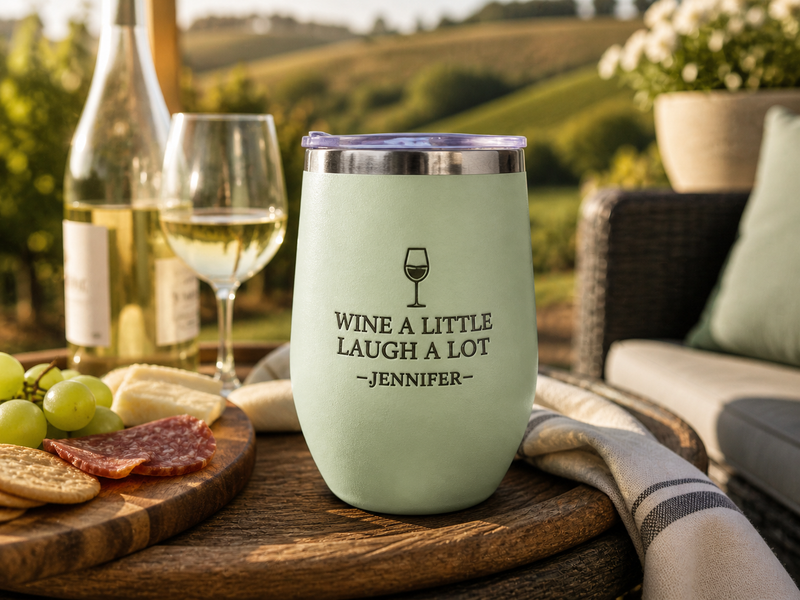 Light green wine tumbler with text on a wooden table outdoors.