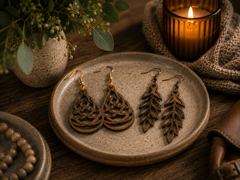 Laser Cut Wood Leaf Earrings · Handmade Botanical Dangle Earrings · Boho Gift for Her
