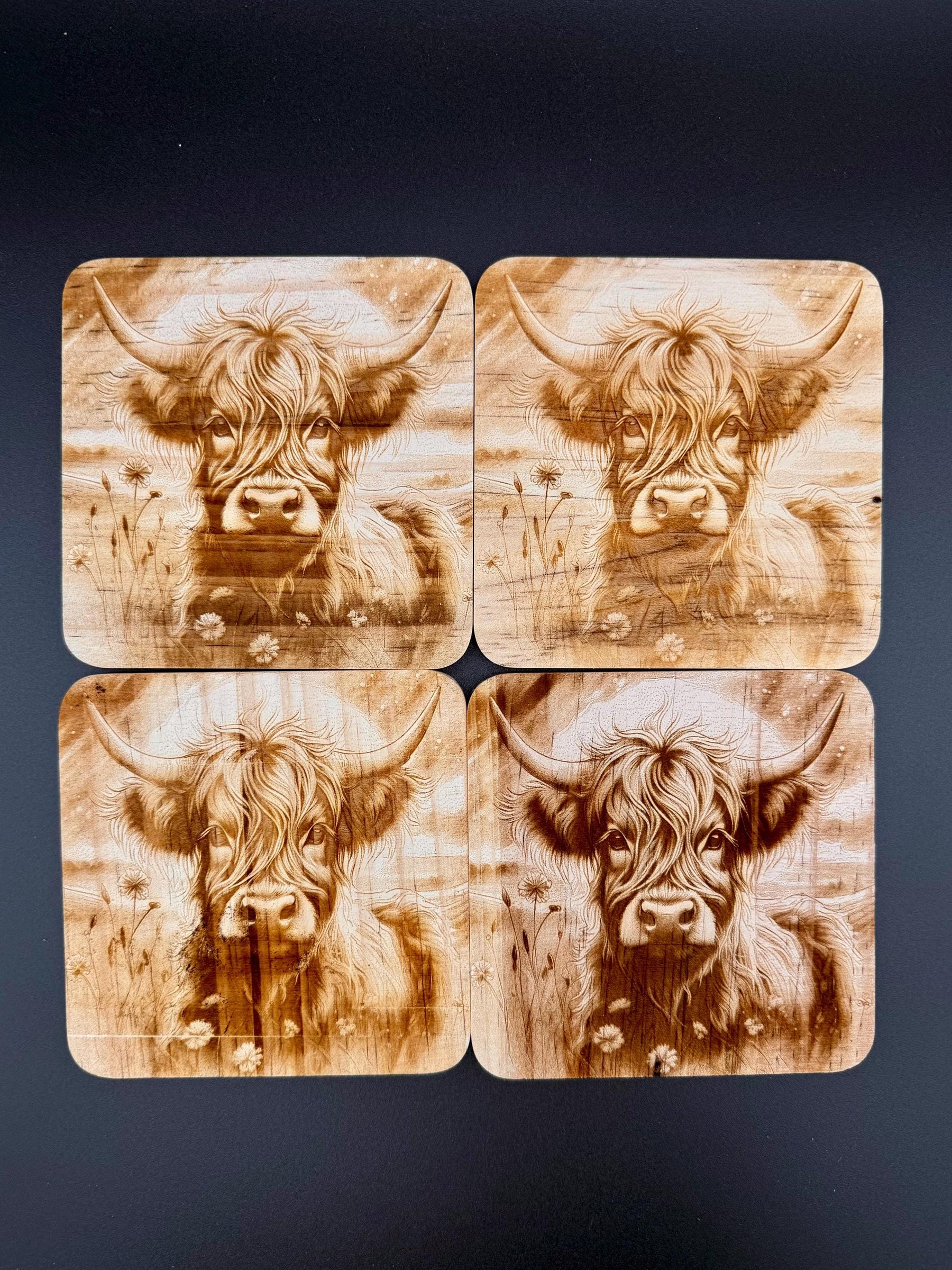 ersonalized Laser Engraved Highland Cow Coasters · Custom Name · Rustic Home Decor Gift Set