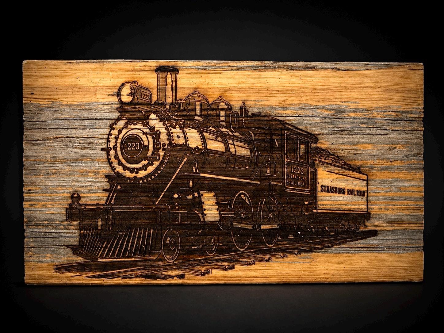 Laser Engraved Steam Locomotive Wood Wall Art · Custom Railroad Art · Rustic Reclaimed Barn Wood Sign