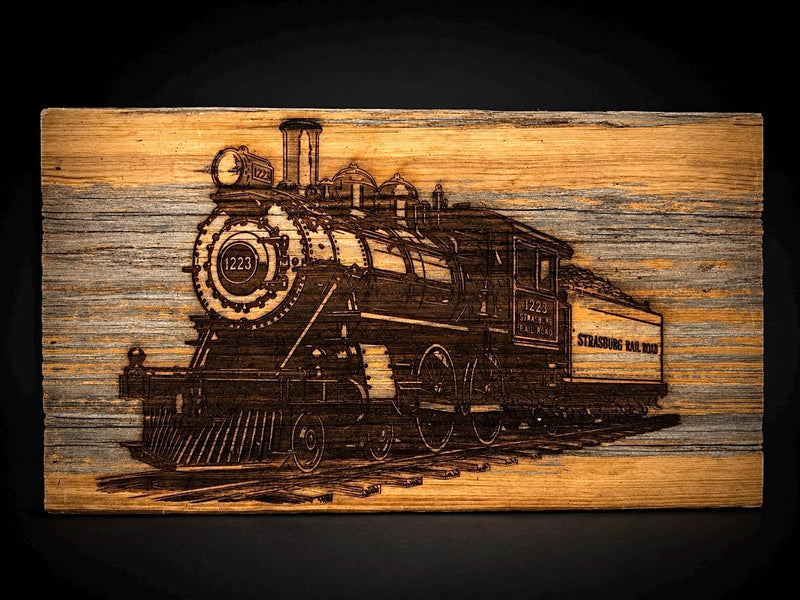 Laser Engraved Steam Locomotive Wood Wall Art · Custom Railroad Art · Rustic Reclaimed Barn Wood Sign
