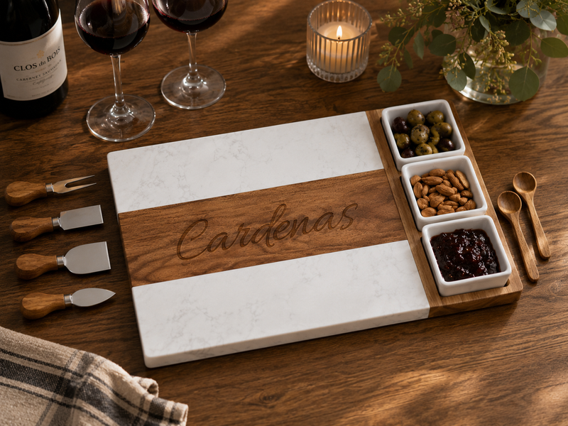 Personalized Marble & Acacia Charcuterie Board Set – Engraved Serving Board