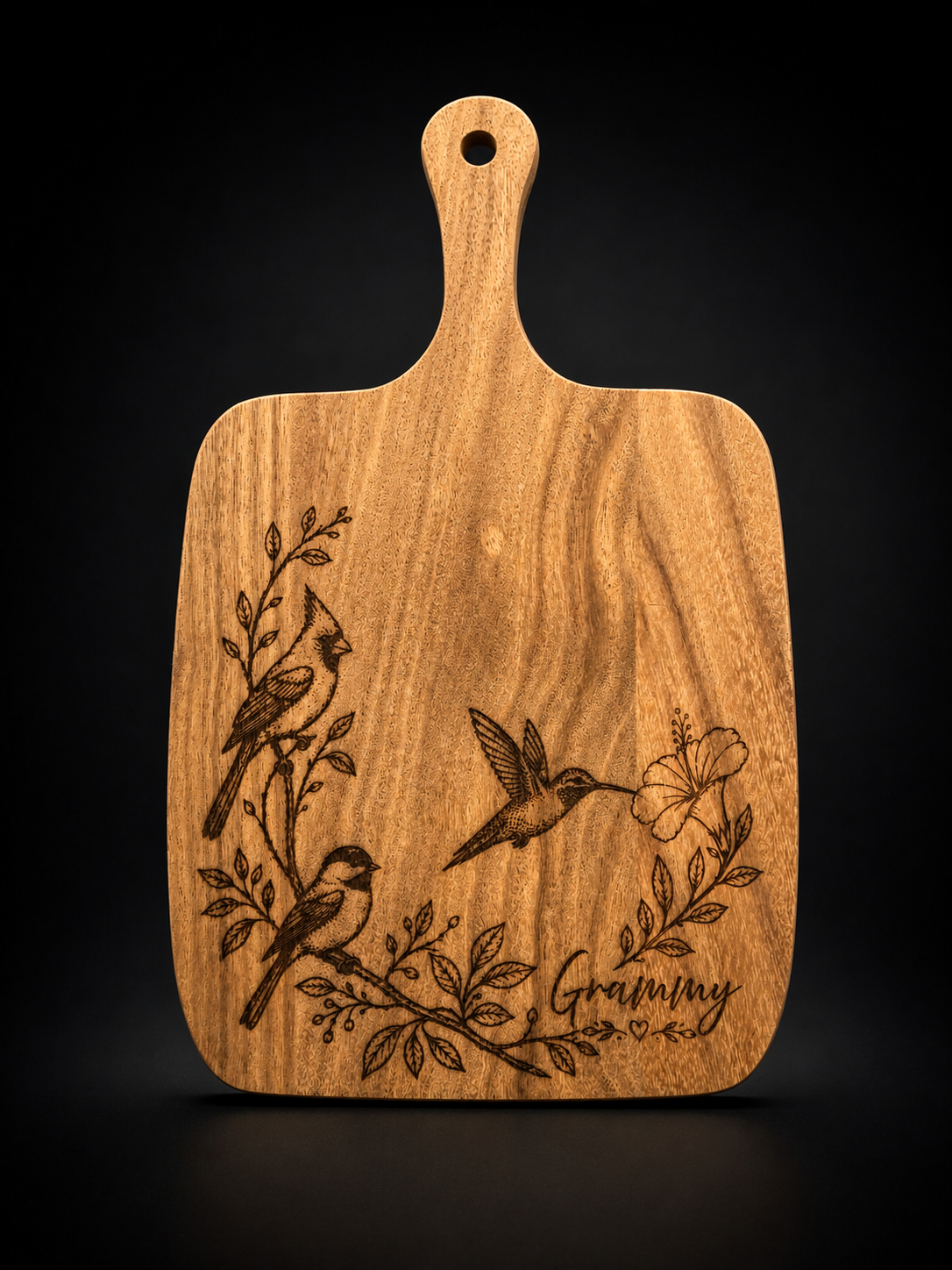 Personalized Mother’s Day Cutting Board – Engraved Bird & Floral Wooden Board