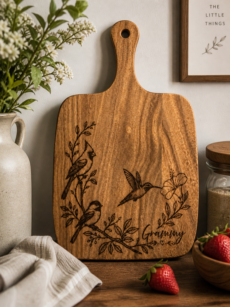 Personalized Mother’s Day Cutting Board – Engraved Bird & Floral Wooden Board
