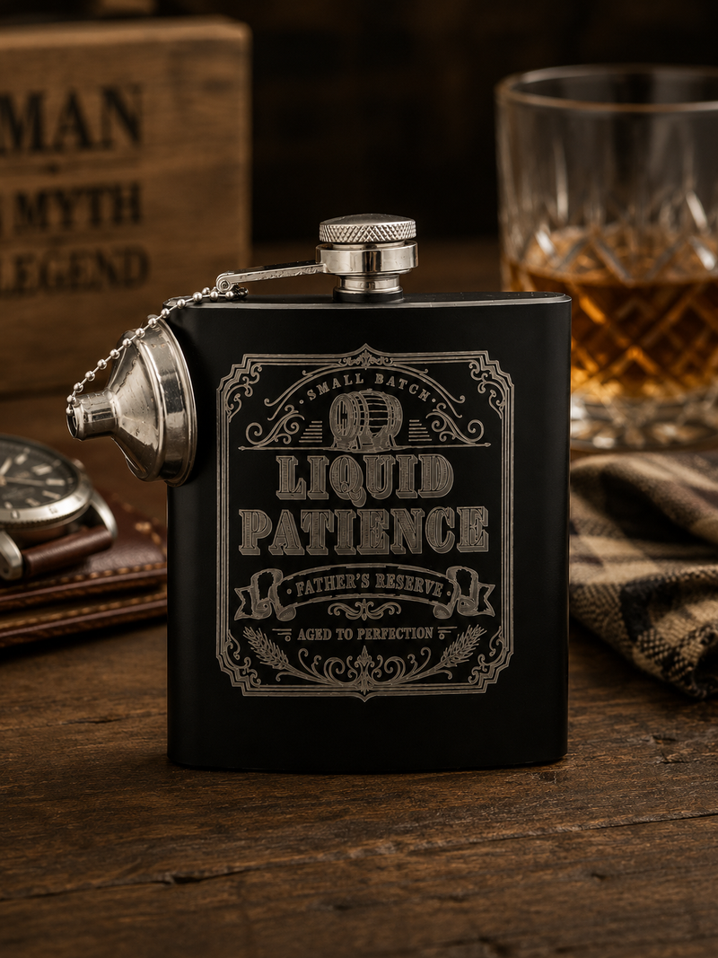 Father’s Day Whiskey Flask – Engraved “Liquid Patience” Hip Flask