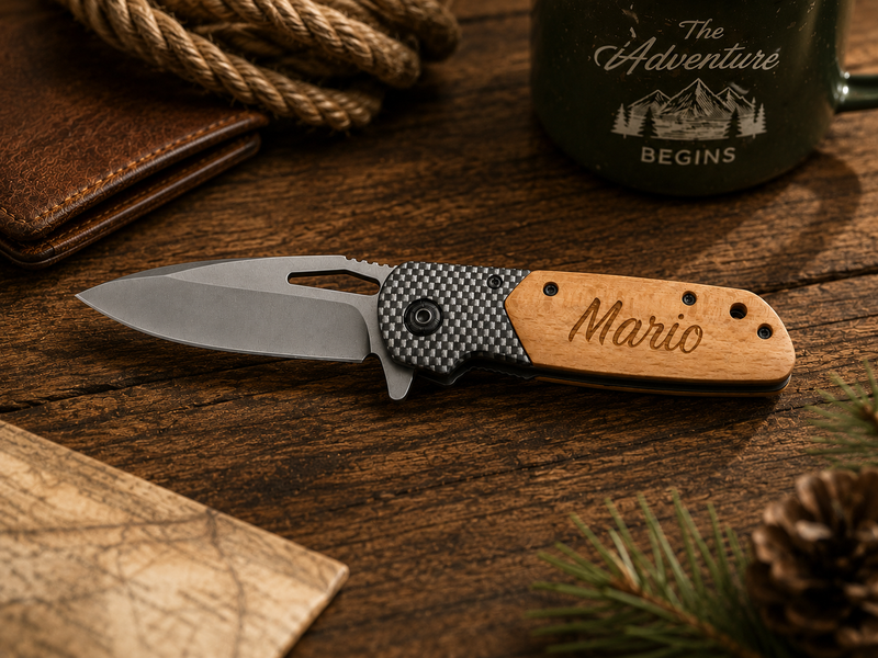Personalized Folding Pocket Knife – Engraved EDC Knife with Wood Handle