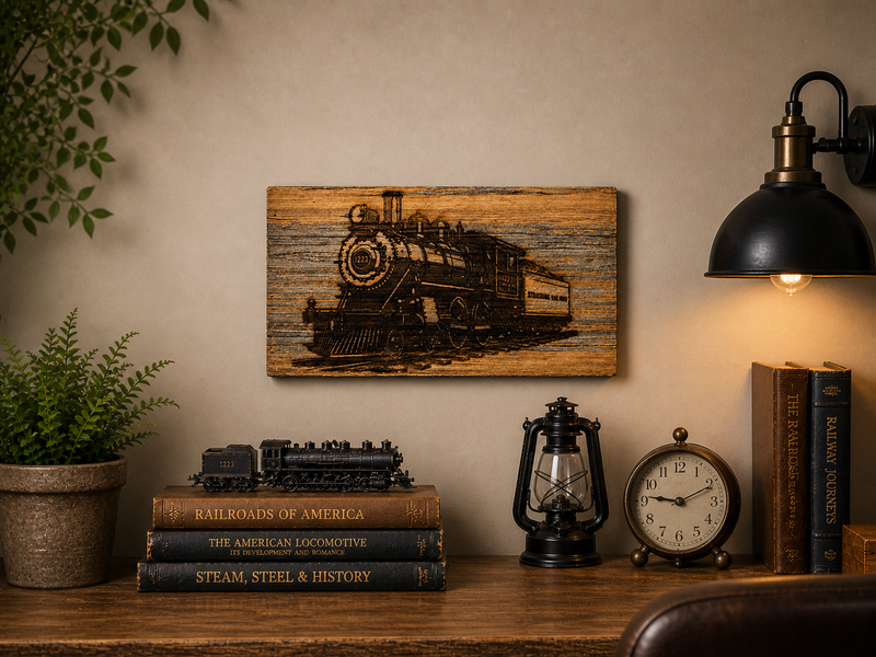 Laser Engraved Steam Locomotive Wood Wall Art · Custom Railroad Art · Rustic Reclaimed Barn Wood Sign