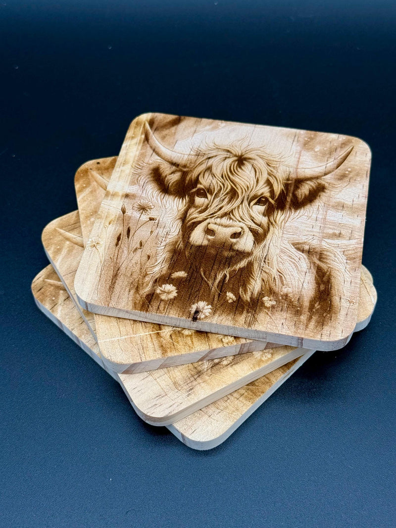 ersonalized Laser Engraved Highland Cow Coasters · Custom Name · Rustic Home Decor Gift Set