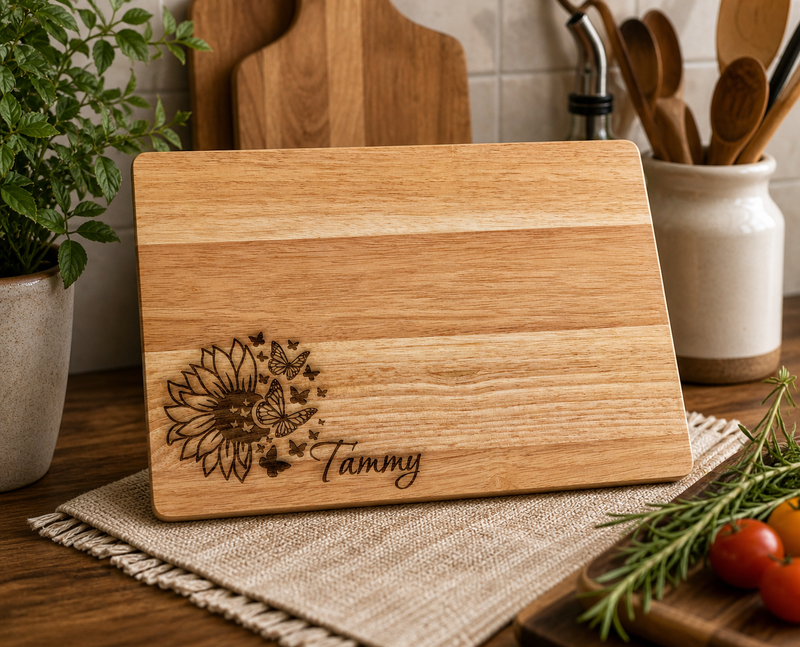 Wooden cutting board with engraved design and name on a kitchen counter